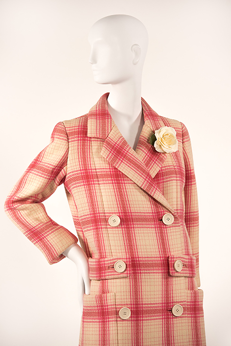 pink and ivory long sleeve double breasted coat