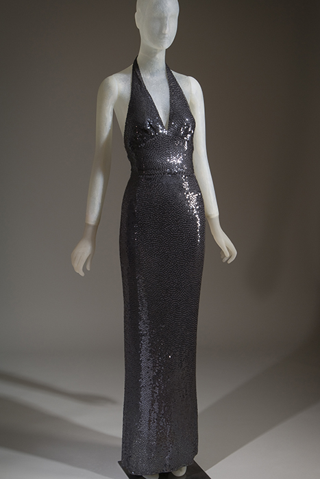 gray sequined full length halter dress
