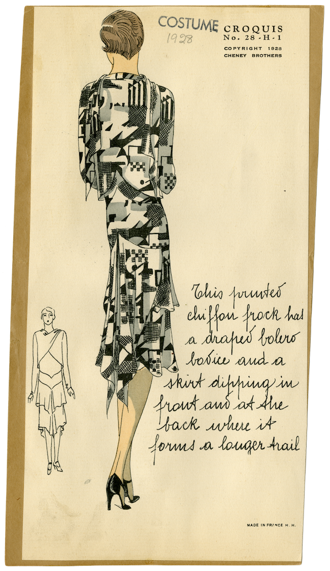 A 1928 fashion illustration of an abstract black, white, and gray geometric print dress with a handkerchief hem skirt in the center of the page