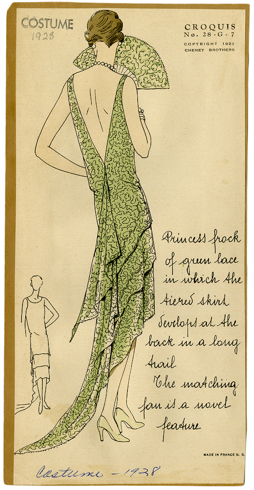 1928 Fashion Plate depicting the back of a woman wearing a green lace sleeveless dress with a low V-shaped back, high-low hemline and long train