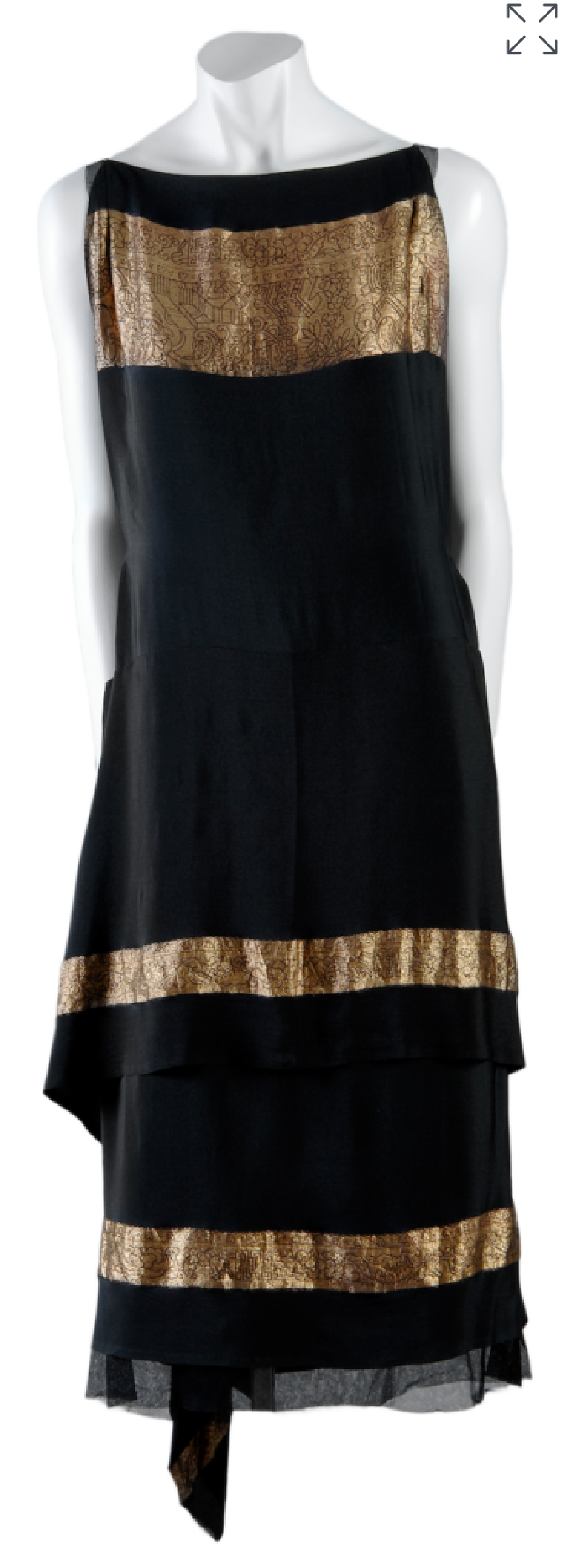 Front view of 1924 Callor Soeurs sleeveless black silk crepe de chine and tulle evening dress with a shorter flounce above the the dress hem. A wide gold band at the collar bones and just before the hem of the flounce and dress.