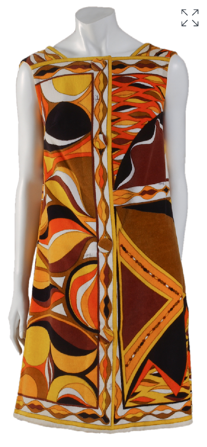 Front view of a circa 1960 Emilio Pucci sleeveless multicolored minidress. White, orange, yellow, brown, and black colors are used to create an energetic print using swirly and geometric elements. 