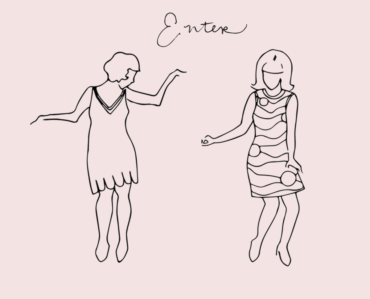 Animated drawing of a pair of girls representing the 1920s and the 1960s, dancing to the Charleston and a mix of the Twist, the Watusi, and the Locomotion under an 'Enter' button