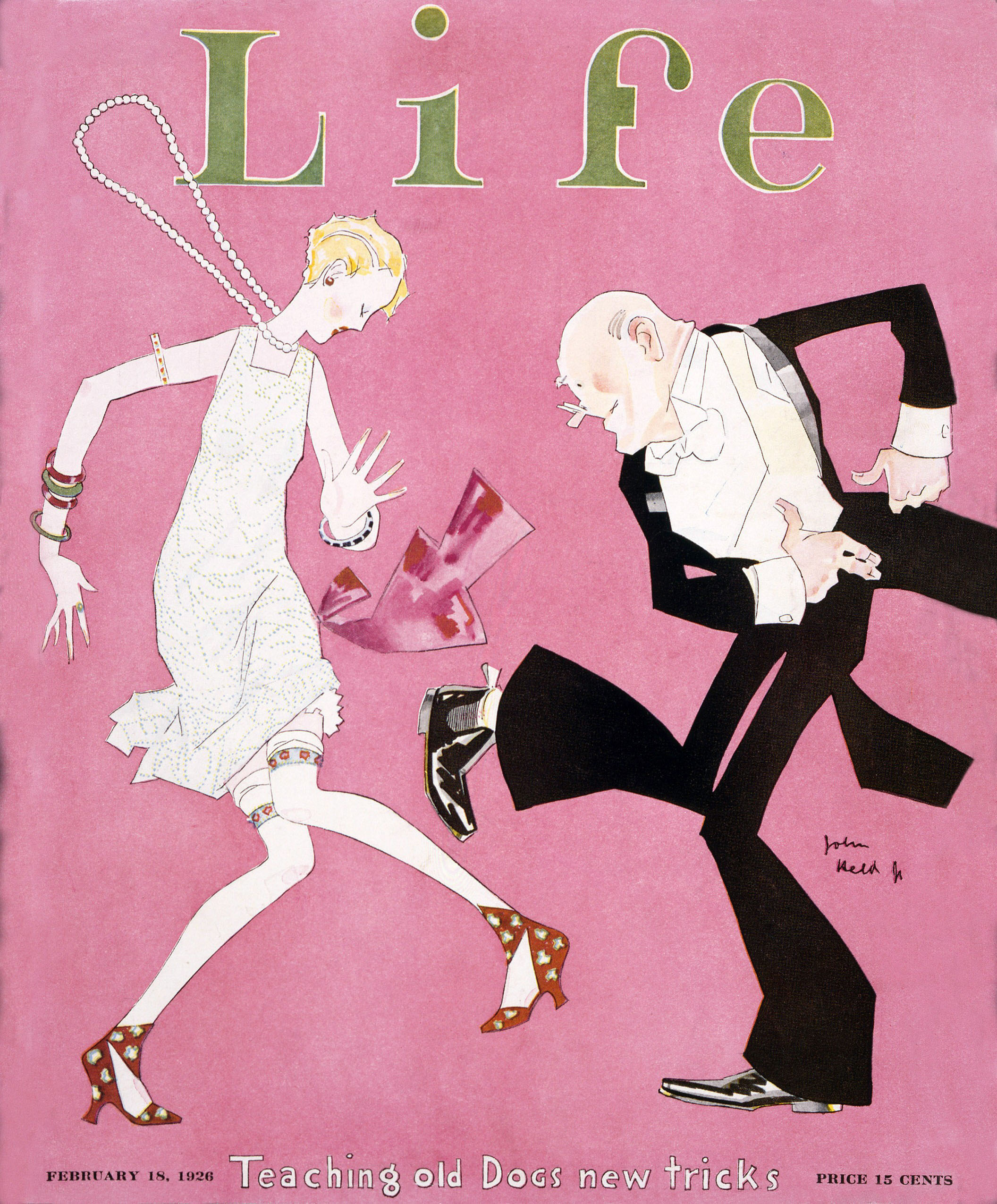 1926 Life magazine cover with a pink background shows an old man dressed in white tie dancing with a flapper