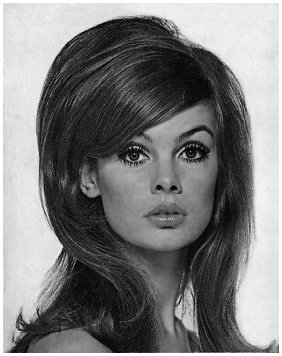 A close up of model Jean Shrimpton's face with her long, bouffant-style hair on the cover of a 1965 Newsweek