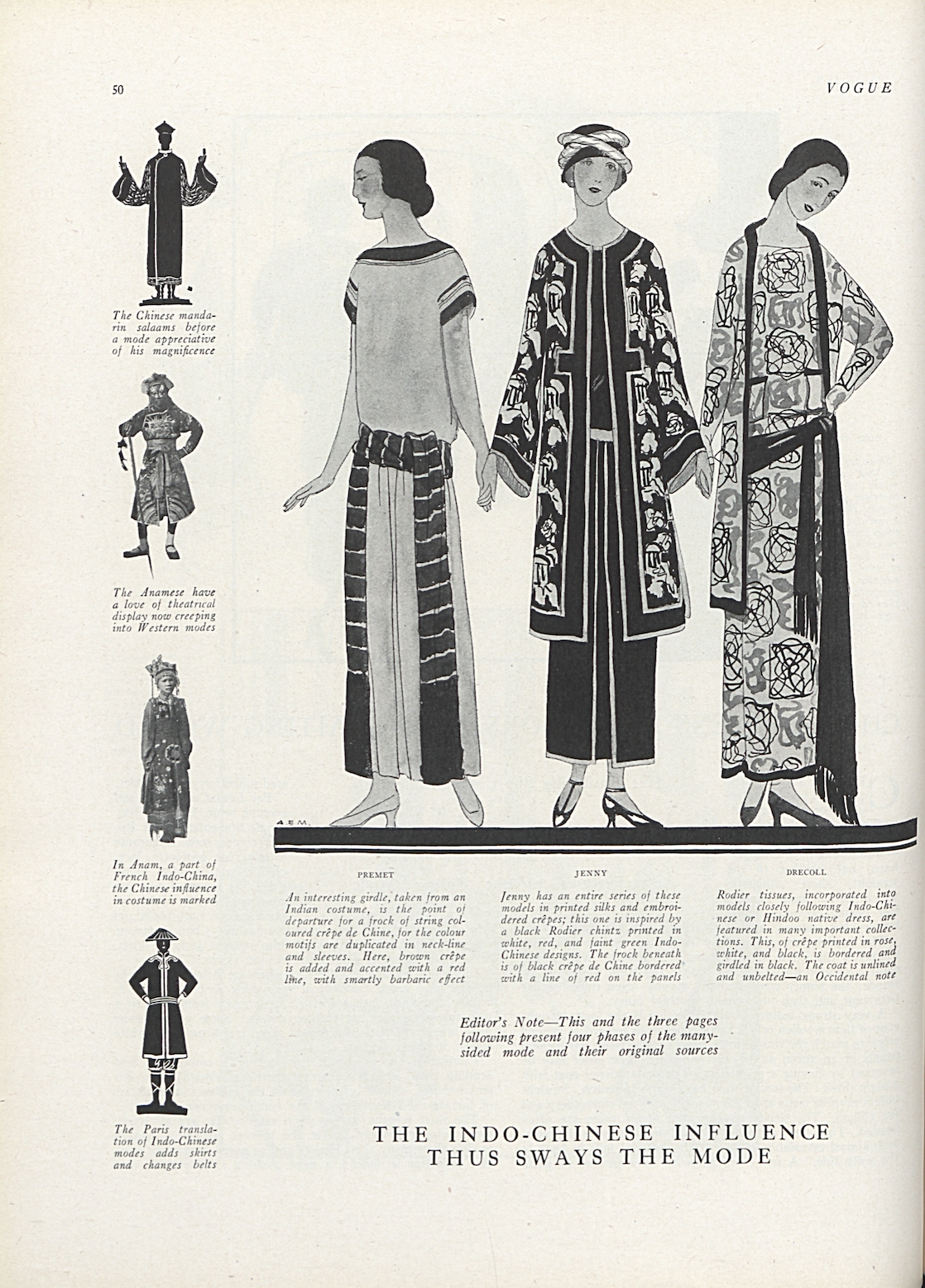 Three large fashion illustrations in the center wearing fashion inspired by Eastern cultures. Four smaller figures on the ledt margins show the orginal source of inspiration, 1923.