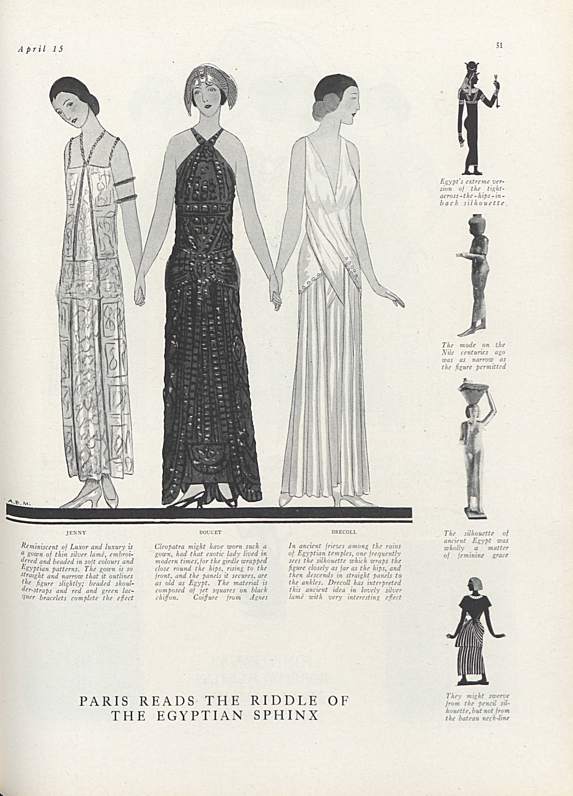 Three large fashion illustrations in the center wearing fashion inspired by Eastern cultures. Four smaller figures on the ledt margins show the orginal source of inspiration, 1923.