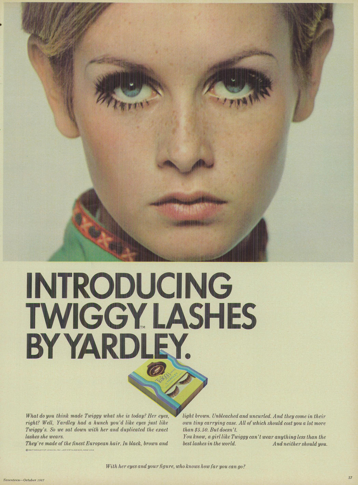 A 1967 advertisement for Yardley's Twiggy Lashes with the heading Introducing Twiggy Lashes By Yardley, which feature a photo of Twiggy's face, some text, and the product