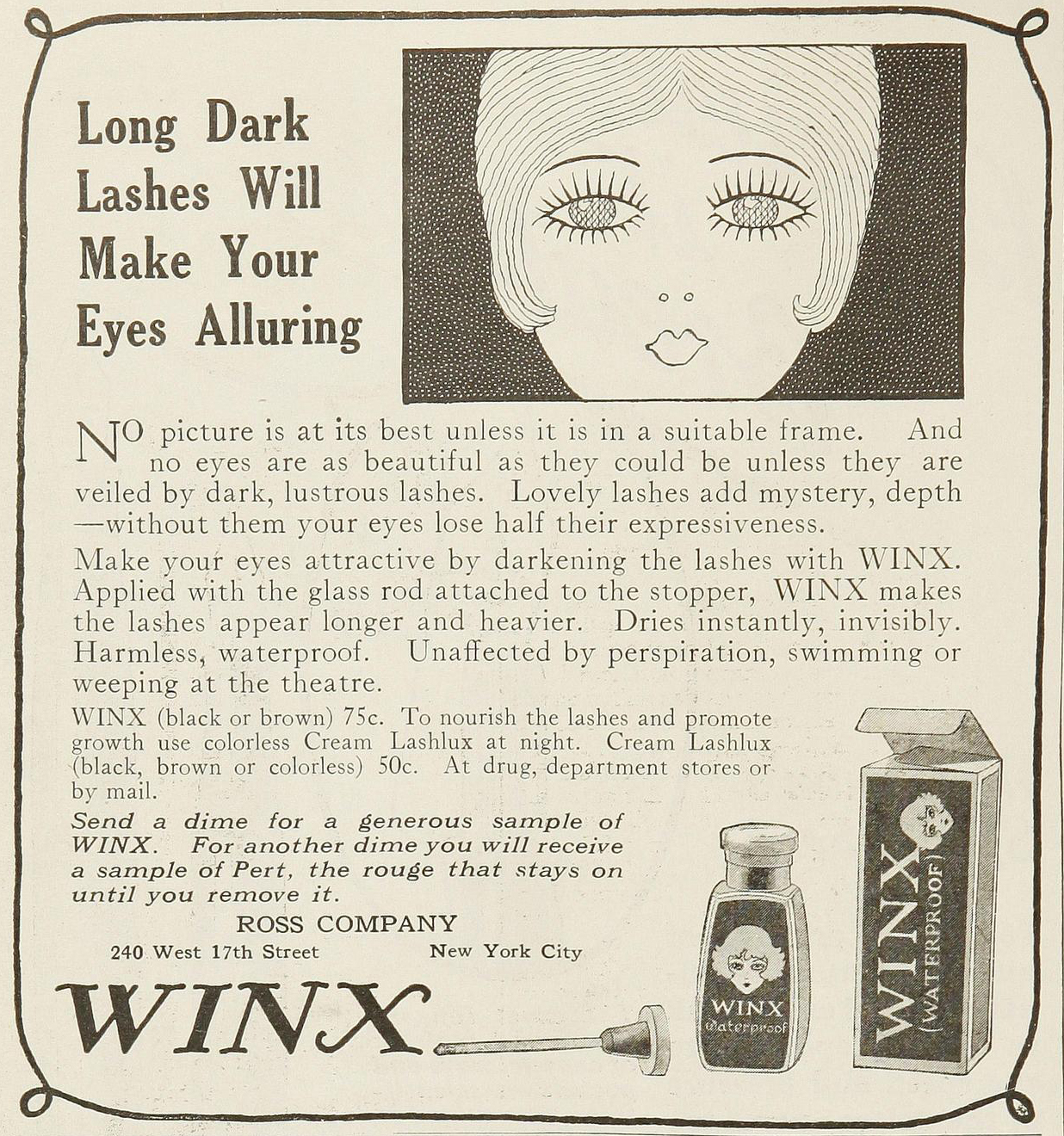 A 1924 advertisement for Winx Cosmetics with the heading, Long Dark Lashes Will Make Your Eyes Alluring, a drawing of the face of a young woman with long lashes, text and an image of the product