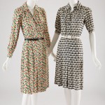 Left: Polka-dot shirt dress, printed rayon crepe, circa 1971, France, 2010.86.30, gift of Barbara Jakobson Right: Saint Laurent Rive Gauche rooster print shirt dress, rayon crepe, circa 1971, France, 2010.86.37, ift of Barbara Jakobson