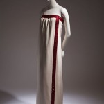 Yves Saint Laurent off-white and fuchsia evening dress. Silk crepe, sequins, and glass beading, 1965, Paris, 2014.38.2, museum purchase