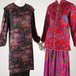 Left: Yves Saint Laurent multicolor “Chinese” ensemble, printed silk, 1977, Paris, 2006.35.2, gift of Francine Gray Black “coolie” style hat, velvet, 1977, Paris, 93.98.1, gift of Susan Kolker Right: Saint Laurent Rive Gauche fuchsia “Chinese” ensemble, printed silk satin and wool, 1976, France, 78.57.9 gift of Ethel Scull