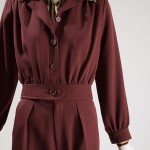 Saint Laurent Rive Gauche Burgundy pantsuit & Striped shirt. Pantsuit: wool gabardine, circa 1970, France, 82.183.11, gift of Alida Miller Shirt: silk, circa 1971, France, gift of Barbara Jakobson