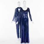 Right: Halston blue full-length evening dress, sequined jersey, 1972, New York, 74.107.30, gift of Lauren Bacall Left: Halston blue evening jumpsuit and jacket, beaded silk organza, circa 1979, New York, 91.241.18, gift of Robert Wells In Memory of Lisa Kirk